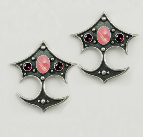 Sterling Silver Gothic Drop Dangle Earrings With Rhodocrosite And Garnet